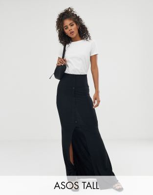 ASOS DESIGN Tall maxi skirt with button front and split detail-Black