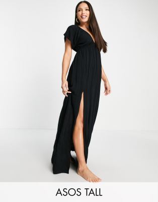 ASOS DESIGN Tall - Maxi-Strandkleid in Schwarz mit Flügelärmeln