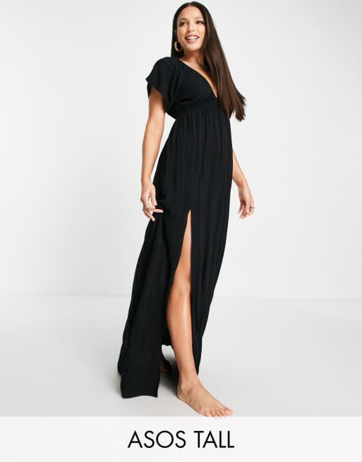 ASOS DESIGN Tall Maxi Strandkleid in Schwarz mit Flugelarmeln ASOS