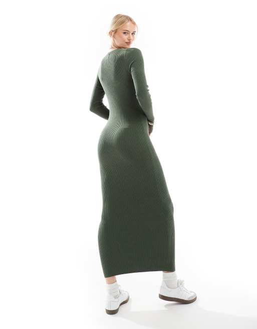 ASOS DESIGN Tall – Maxi-Strickkleid in Khaki mit Rundhalsausschnitt und geschlitzten Bündchen, 3 von 4