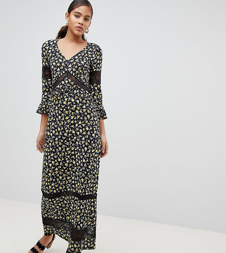 Asos Design Tall Maxi Tea Dress In Floral Print With Lace Inserts-multi In Black