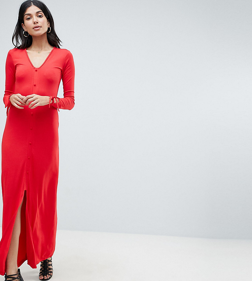 Asos Tall Tall Maxi Tea Dress With Self Covered Buttons In Red