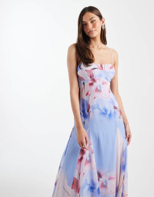 ASOS DESIGN Tall - Maxikjole i chiffon med stropper og dybe kiler samt rødt/lilla blomstermønster , 2 af 4