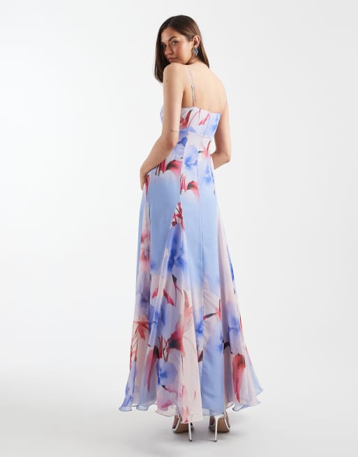 ASOS DESIGN Tall - Maxikjole i chiffon med stropper og dybe kiler samt rødt/lilla blomstermønster , 3 af 4