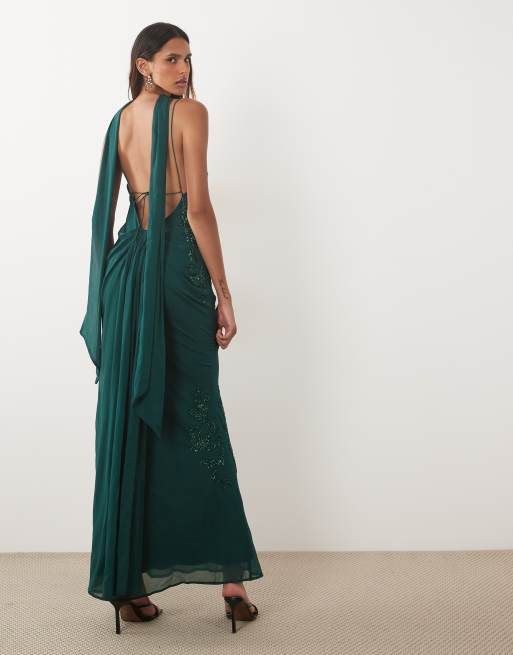 ASOS DESIGN Tall maxikjole med cami, blomsterpynt og tørklæde i mørkegrøn, 2 af 4