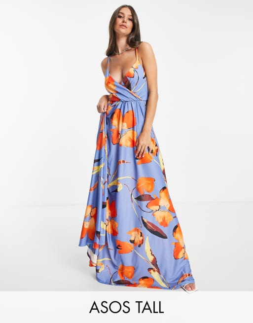ASOS DESIGN Tall - Maxikjole med dyb udskæring, cami-stropper og bindebånd bagpå i blomstermønster
