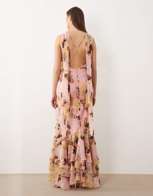 ASOS DESIGN Tall - Maxikjole med halterneck og tørklædedetalje samt flæsekant og blomstermønster, 2 af 4