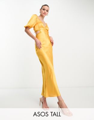 ASOS DESIGN Tall - Maxikleid aus goldfarbenem Satin im Milchmädchenstil mit Riemchen am Rücken und Spitzenrand