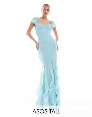 ASOS DESIGN Tall - Maxikleid in Blau mit Flatterärmeln und gerüschten Godet-Details