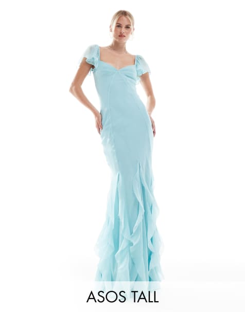 ASOS DESIGN Tall – Maxikleid in Blau mit Flatterärmeln und gerüschten Godet-Details - view 1