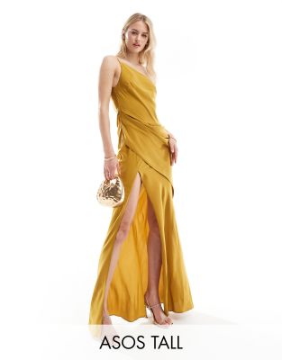 ASOS DESIGN Tall - Maxikleid in Goldtton mit One-Shoulder-Träger-Goldfarben