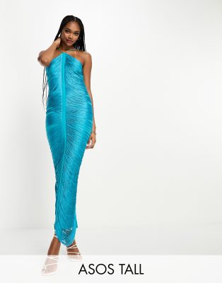 ASOS DESIGN Tall - Maxikleid in Petrol mit drapierten Fransen und Neckholder-Blau