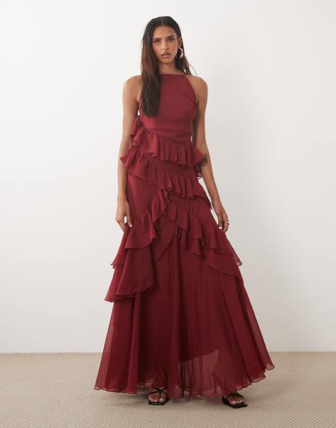 ASOS DESIGN Tall Maxikleid mit hohem Ausschnitt, tiefem Rückenausschnitt und Rüschen in Burgunderrot - view 1