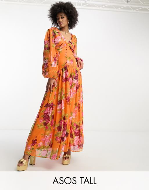 ASOS DESIGN Tall Maxikleid mit Knopfen Biesen Spitzeneinsatz und Blumenmuster in Orange