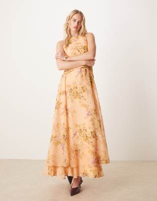 ASOS DESIGN Tall - Maxikleid mit Ringerrücken, gerafftem Oberteil, tiefer Taille und Blumenmuster-Braun
