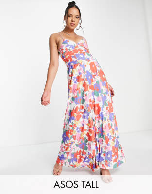 ASOS DESIGN Tall - Maxikleid mit schmalen Trägern, plissierten, seitlichen Einsätzen und Blumenmuster - MULTI-Bunt