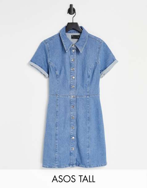 ASOS DESIGN Tall – Mellanblå figurnära skjortklänning i denim - view 1