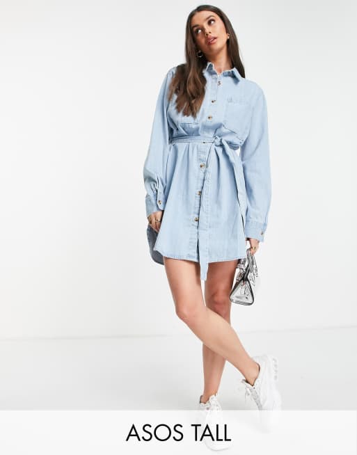 ASOS DESIGN Tall – Mellanblå, mjuk skjortklänning i oversize med skärp av denim
