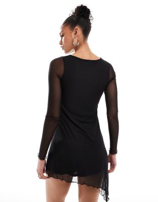 asos design tall mesh asymmetric hem mini dress with diagonal seam detailing in black
