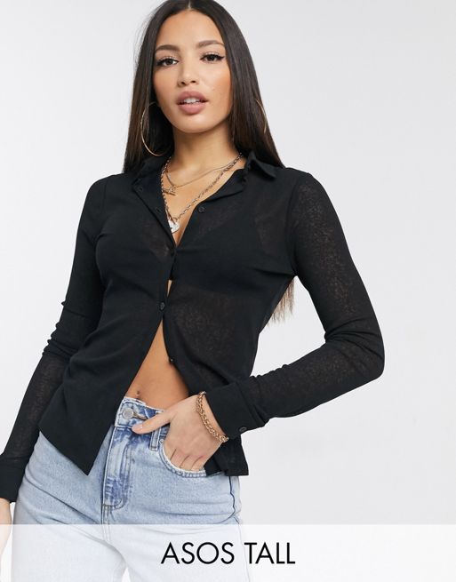 Tall Black Mesh Button Front Blouse