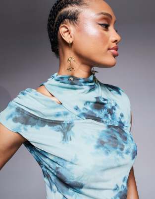 ASOS DESIGN Tall mesh cap sleeve mini dress with slash shoulder in blue blurred floral print