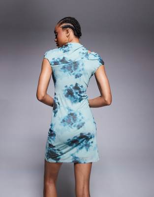asos design tall mesh cap sleeve mini dress with slash shoulder in blue blurred floral print