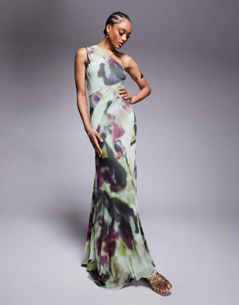 ASOS DESIGN Tall mesh one shoulder exposed seams maxi dress with full hem in abstract tie dye print - view 1