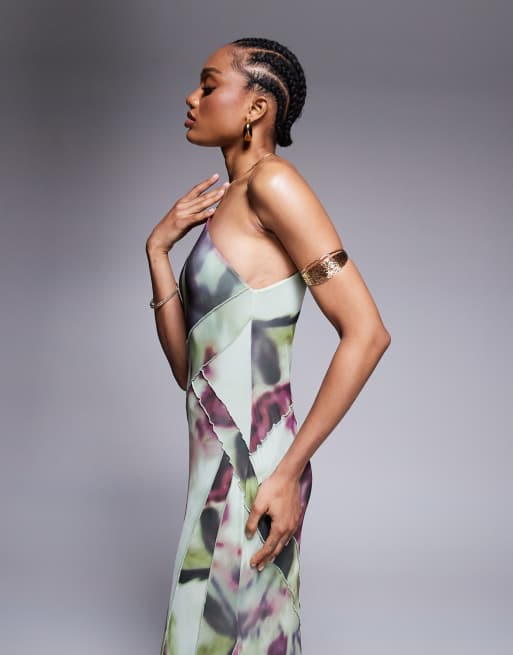 ASOS DESIGN Tall mesh one shoulder exposed seams maxi dress with full hem in abstract tie dye print 