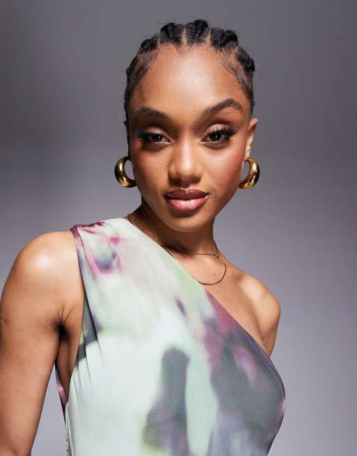 ASOS DESIGN Tall mesh one shoulder exposed seams maxi dress with full hem in abstract tie dye print 