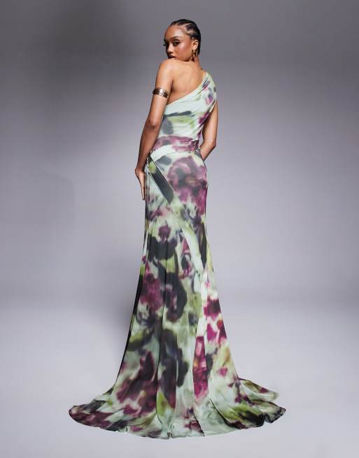 ASOS DESIGN Tall mesh one shoulder exposed seams maxi dress with full hem in abstract tie dye print 