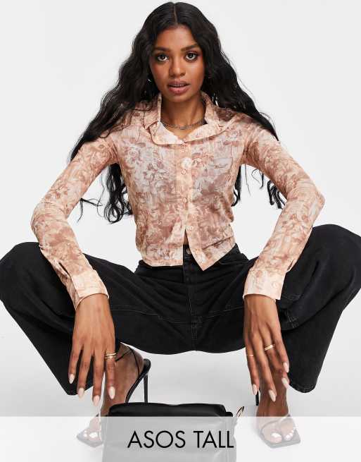 ASOS DESIGN Tall - Mesh overhemd met renaissance- en bloemenprint in bruin