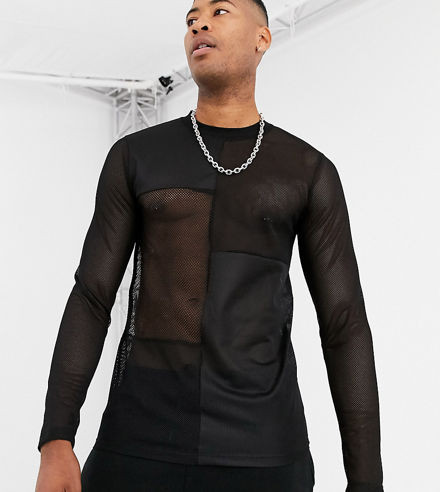 ASOS DESIGN Tall - Mesh T-shirt met lange mouwen en patchwork-kleurvlakken in zwart