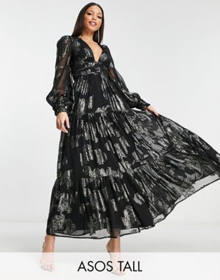 ASOS DESIGN Tall metallic channel detail midi dress with puff sleeves and tie back detail in black