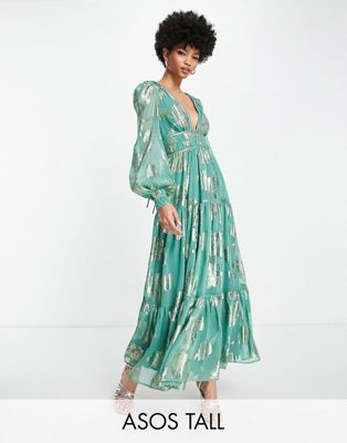 Asos Tall Asos Design Tall Metallic Channel Detail Midi Dress With Puff Sleeves And Tie Back Detail In Green