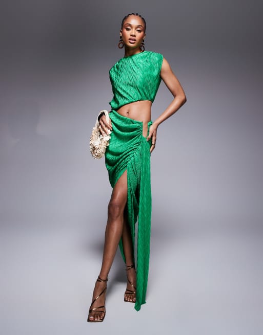 ASOS DESIGN Tall metallic plisse midi dress with angular waist trim in green