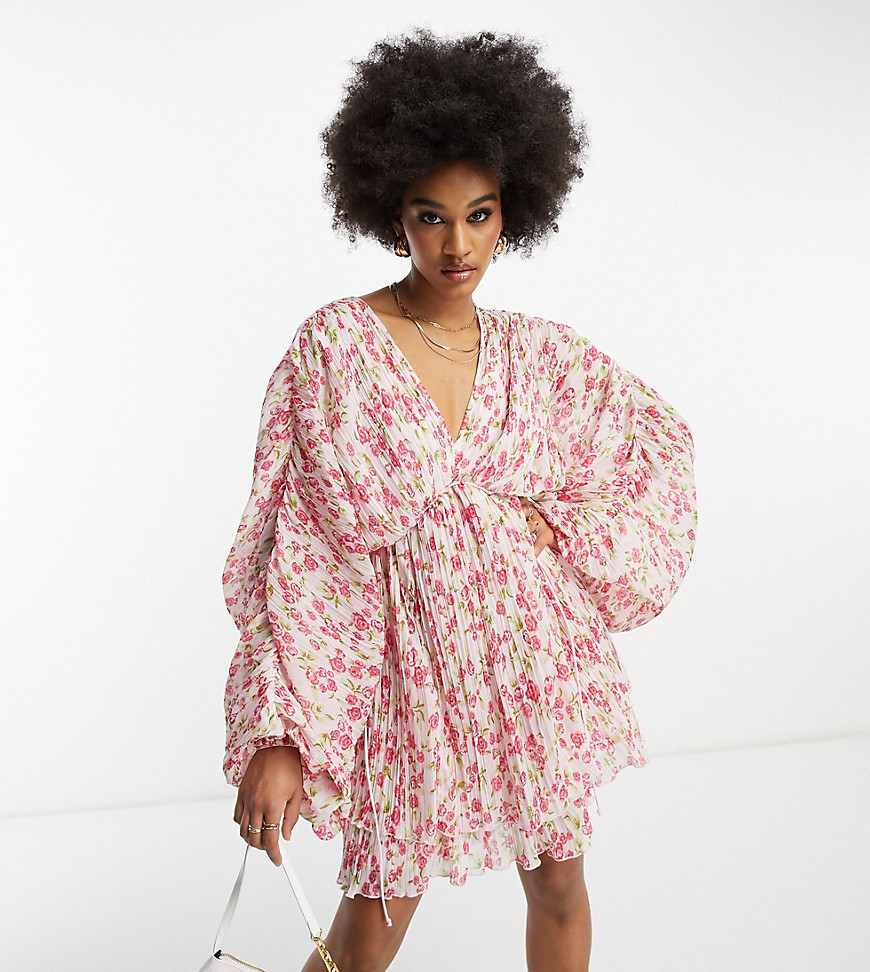 ASOS DESIGN Tall micro pleated batwing trapeze mini dress in pink floral-Multi