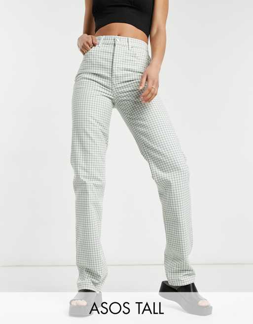 ASOS DESIGN Tall mid rise '90's' straight leg jeans in green gingham