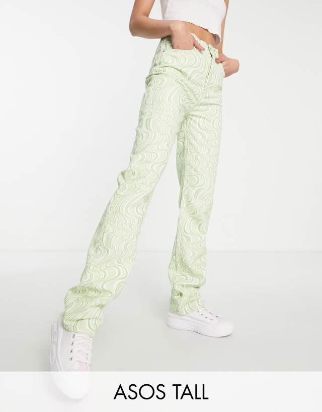 ASOS DESIGN Tall mid rise 90s straight leg jeans in green swirl print