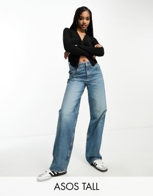 ASOS DESIGN Tall mid rise baggy boyfriend jeans in mid blue