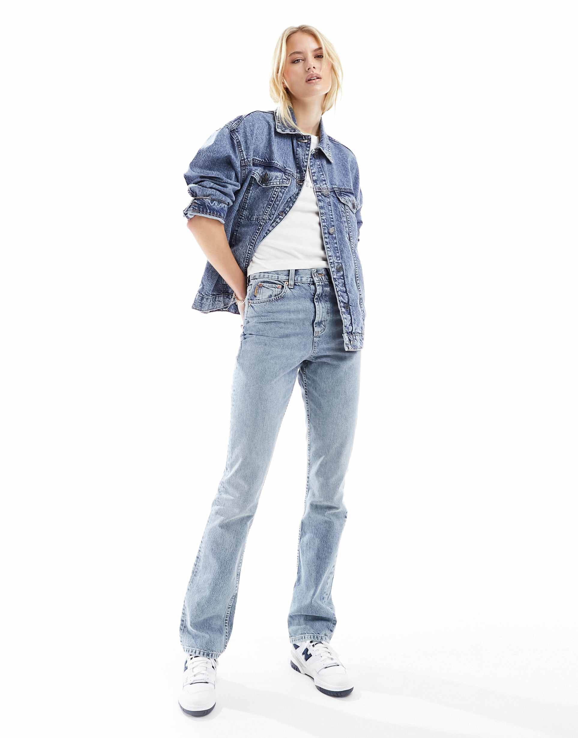 asos design tall mid rise straight jeans in light blue