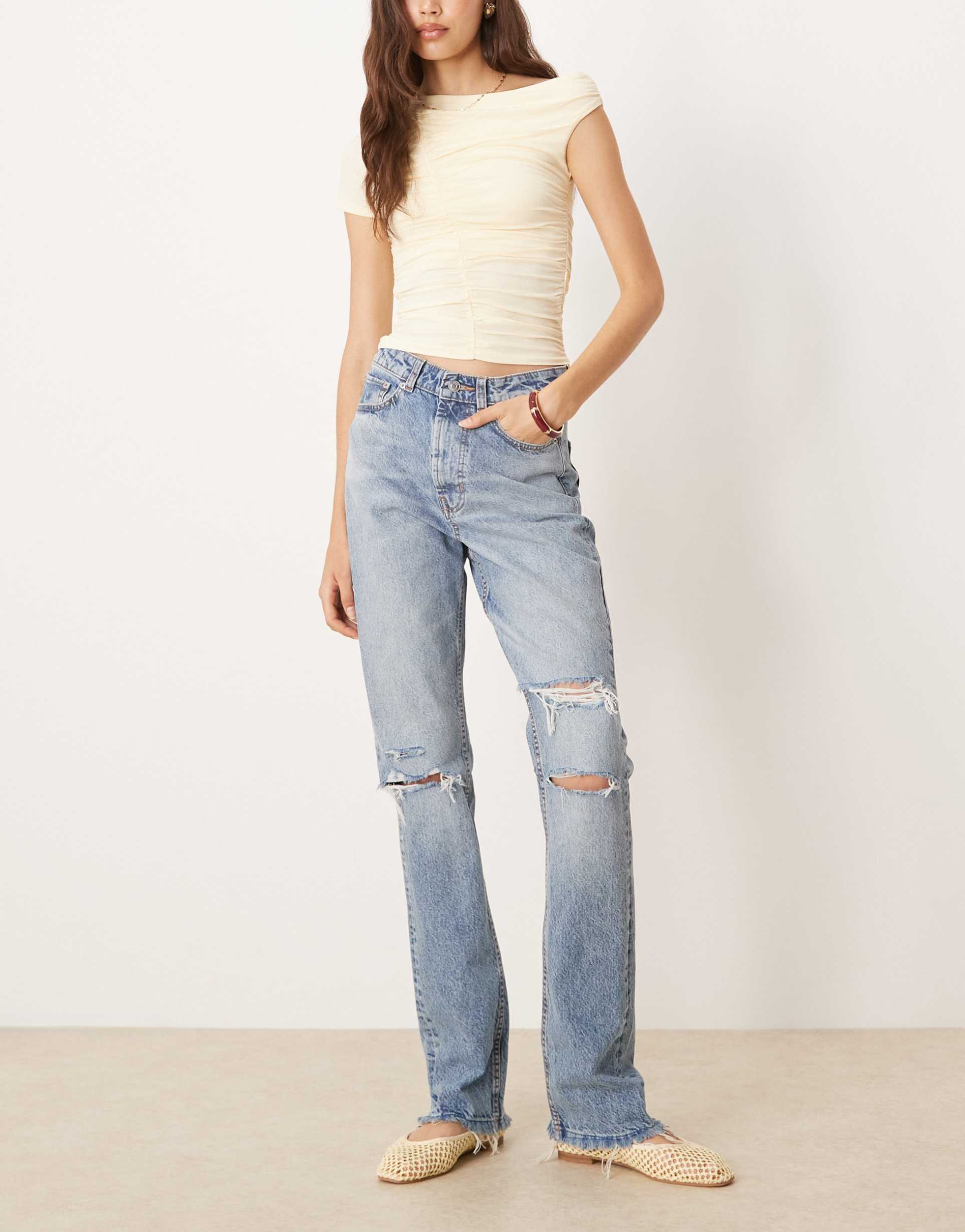 asos design tall mid rise straight jeans in lightwash with rips circular design collection