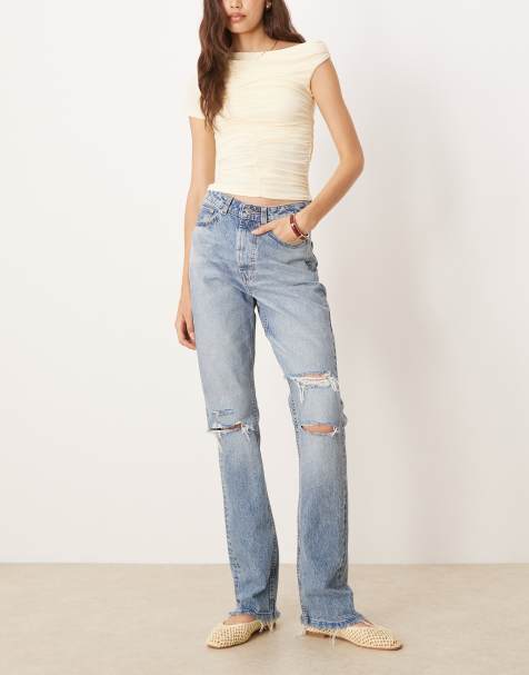 ASOS DESIGN Tall mid rise straight jeans in lightwash with rips - view 1
