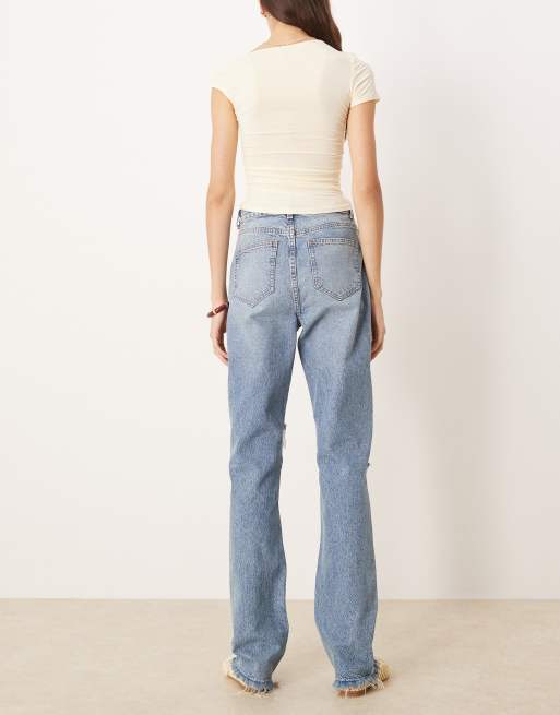 ASOS DESIGN Tall mid rise straight jeans in lightwash with rips