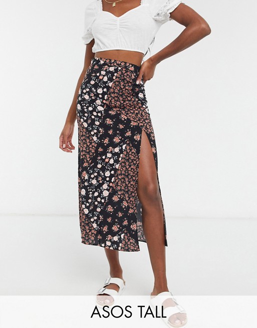 ASOS DESIGN Tall midi bias slip skirt in spliced floral print