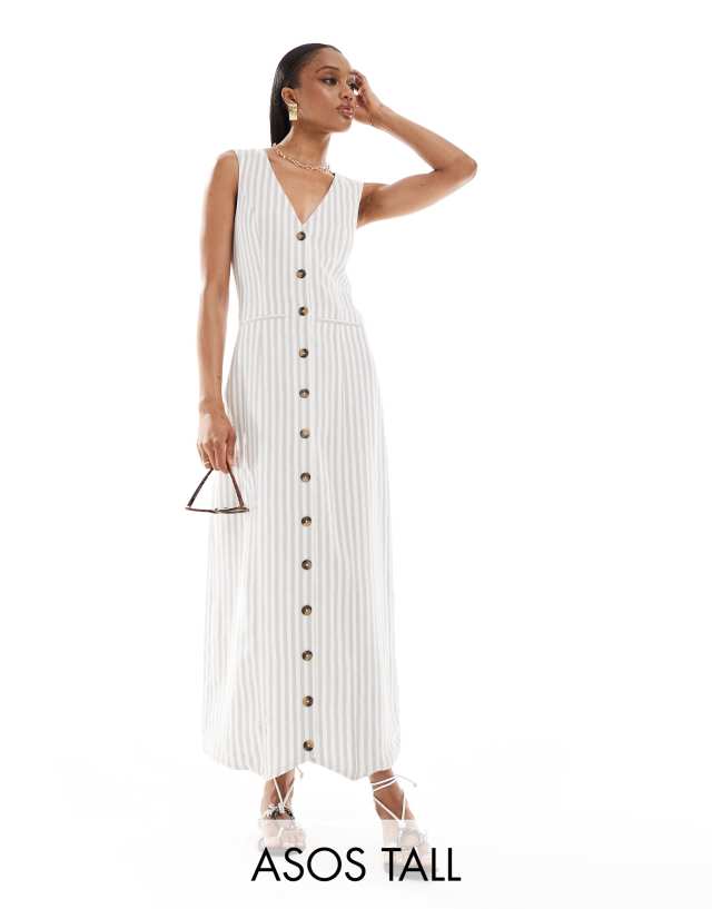 ASOS Tall - ASOS DESIGN Tall midi button through linen waistcoat dress in natural stripe