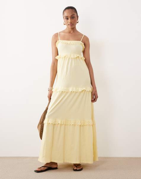 ASOS DESIGN Tall - Midi cami-jurk van kreukelstof met kanten rand en stroken in lichtgeel - view 1