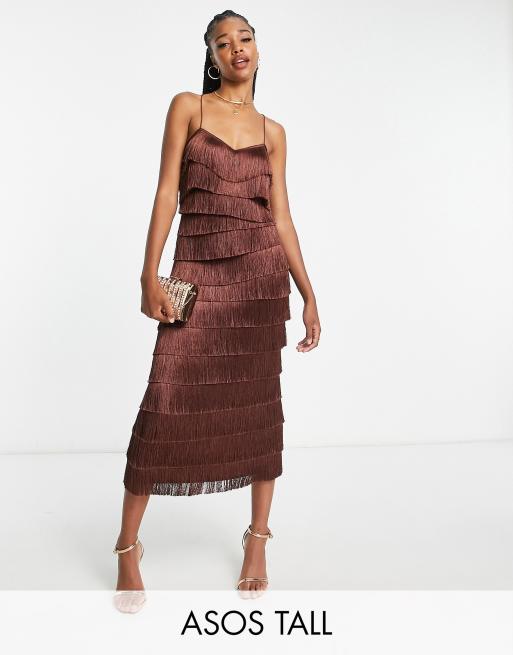 ASOS DESIGN tiered midi fringed dress with cross back detail in gold