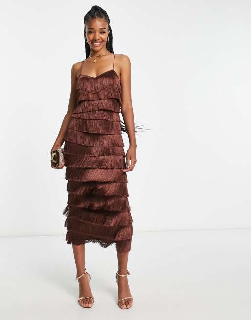 ASOS DESIGN Tall midi dress all over fringe tassel in chocolate