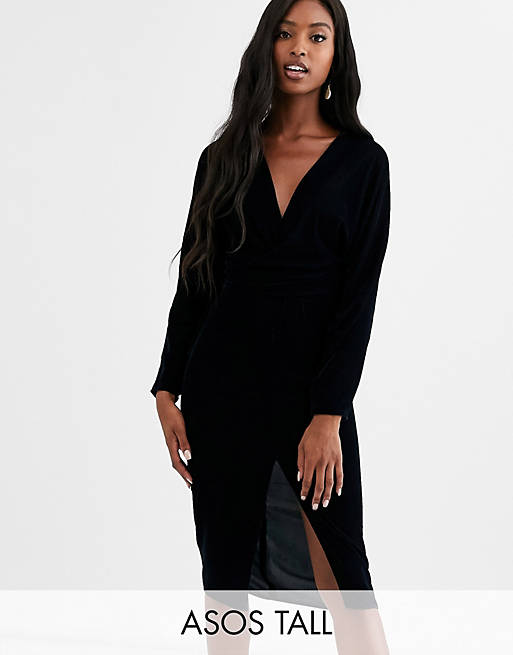 Women Tall midi dress with batwing sleeve and wrap waist in velvet 