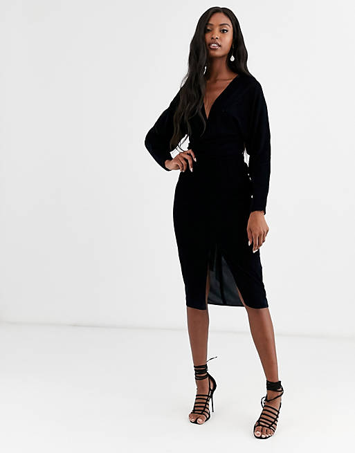 Women Tall midi dress with batwing sleeve and wrap waist in velvet 